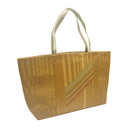 Mustard Stripes obi bag made from a vintage Japanese obi, with tone on tone stripes and diagonal bands of sage, gold and rust on mustard, view 2