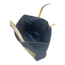 Navy Roundels obi bag made from a vintage Japanese obi, with three overlapping roundels of radiating spokes in gold, pale blue and bronze on navy, view 5