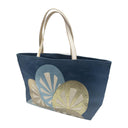 Navy Roundels obi bag made from a vintage Japanese obi, with three overlapping roundels of radiating spokes in gold, pale blue and bronze on navy