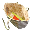 Olive Arabesque obi bag made from a vintage Japanese obi, with gold arabesques and flower roundels on olive green, view 5