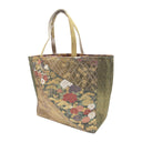 Olive Garden obi bag made from a vintage Japanese obi, with peonies and chrysanthemums over a gold lattice and hanging wisteria on olive