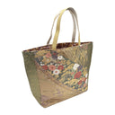 Olive Garden obi bag made from a vintage Japanese obi, with peonies and chrysanthemums over a gold lattice and hanging wisteria on olive, view 2