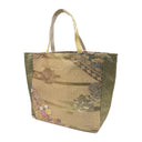 Olive Garden obi bag made from a vintage Japanese obi, with peonies and chrysanthemums over a gold lattice and hanging wisteria on olive, view 3