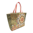 Olive Medallion obi bag made from a vintage Japanese obi, with large flower medallions over gold scrolls between olive diamond panels, view 2
