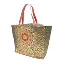 Olive Medallion obi bag made from a vintage Japanese obi, with large flower medallions over gold scrolls between olive diamond panels, view 3