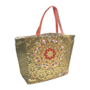 Olive Medallion obi bag made from a vintage Japanese obi, with large flower medallions over gold scrolls between olive diamond panels, view 4