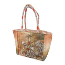 Peach Bamboo obi bag made from a vintage Japanese obi, with bamboo leaves and white blossom clusters on gold and peach