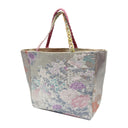 Pearl Phoenix obi bag made from a vintage Japanese obi, with a white phoenix among peonies, wisteria and chrysanthemums on pale silver