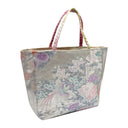 Pearl Phoenix obi bag made from a vintage Japanese obi, with a white phoenix among peonies, wisteria and chrysanthemums on pale silver, view 2