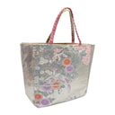 Pearl Phoenix obi bag made from a vintage Japanese obi, with a white phoenix among peonies, wisteria and chrysanthemums on pale silver, view 4
