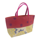 Peony Polka obi bag made from a vintage Japanese obi, with yellow peonies and blue leaves beside a red band of dark polka dots, view 2