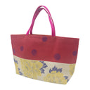 Peony Polka obi bag made from a vintage Japanese obi, with yellow peonies and blue leaves beside a red band of dark polka dots, view 3