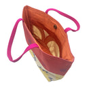 Peony Polka obi bag made from a vintage Japanese obi, with yellow peonies and blue leaves beside a red band of dark polka dots, view 5