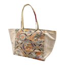 Phoenix Lattice obi bag made from a vintage Japanese obi, with phoenixes and flower roundels inside a diamond lattice on champagne