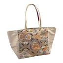 Phoenix Lattice obi bag made from a vintage Japanese obi, with phoenixes and flower roundels inside a diamond lattice on champagne, view 2