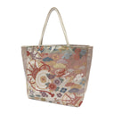 Rosewood Wheels obi bag made from a vintage Japanese obi, with lattice roundels tied with red cords, carriage wheels and flowers on dusty rose, view 3