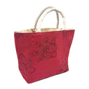 Ruby Damask obi bag made from a vintage Japanese obi, with tone on tone stylized flowers and scrolling vines on ruby red, view 2