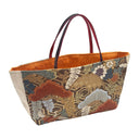 Russet Pines obi bag made from a vintage Japanese obi, with stylized pines, a folding fan and small cranes over golden hexagons, view 2
