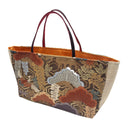 Russet Pines obi bag made from a vintage Japanese obi, with stylized pines, a folding fan and small cranes over golden hexagons, view 3