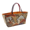 Russet Pines obi bag made from a vintage Japanese obi, with stylized pines, a folding fan and small cranes over golden hexagons, view 4