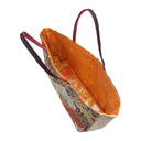 Russet Pines obi bag made from a vintage Japanese obi, with stylized pines, a folding fan and small cranes over golden hexagons, view 5