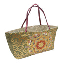 Sage Hosoge obi bag made from a vintage Japanese obi, with large hosoge flower medallions on sage green and gold, view 2
