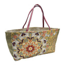 Sage Hosoge obi bag made from a vintage Japanese obi, with large hosoge flower medallions on sage green and gold, view 4