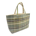 Sage Plaid obi bag made from a vintage Japanese obi, with a woven check of brown, mustard and white on sage green, view 2