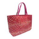 Scarlet Cascade obi bag made from a vintage Japanese obi, with sweeping white and gold lines falling in arcs across red, view 2