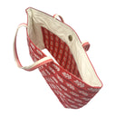 Scarlet Sprigs obi bag made from a vintage Japanese obi, with rows of small white leaf sprigs and black dotted lines on red, view 5