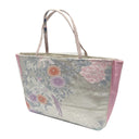 Silver Phoenix obi bag made from a vintage Japanese obi, with a white phoenix among peonies, chrysanthemums and wisteria on silver, view 3