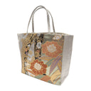 Silver Ribbons obi bag made from a vintage Japanese obi, with coral peonies, bamboo leaves and sweeping gold ribbon bands on silver