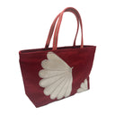 Snow Chrysanthemum obi bag made from a vintage Japanese obi, with large white half chrysanthemums and tone on tone flowers on deep red, view 2