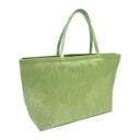 Spring Leaves obi bag made from a vintage Japanese obi, with tone on tone leaves and star shaped flowers on green, view 2