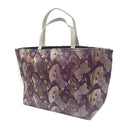 Violet Fans obi bag made from a vintage Japanese obi, with folding fans, chrysanthemums and small flying cranes on deep purple, view 3