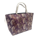 Violet Fans obi bag made from a vintage Japanese obi, with folding fans, chrysanthemums and small flying cranes on deep purple, view 4